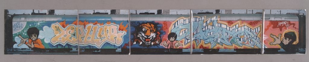 Chalfant, H 3B, Artrain Graffiti Train. Zephyr + Duster_Eye of the Tiger_ Car 3, Side B.5 photographs.300 dpi 10x2